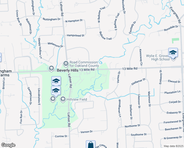 map of restaurants, bars, coffee shops, grocery stores, and more near 21525 13 Mile Road in Beverly Hills