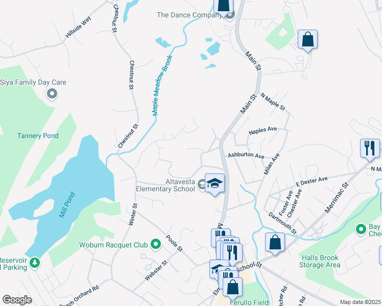 map of restaurants, bars, coffee shops, grocery stores, and more near 9B Kearsarge Avenue in Woburn