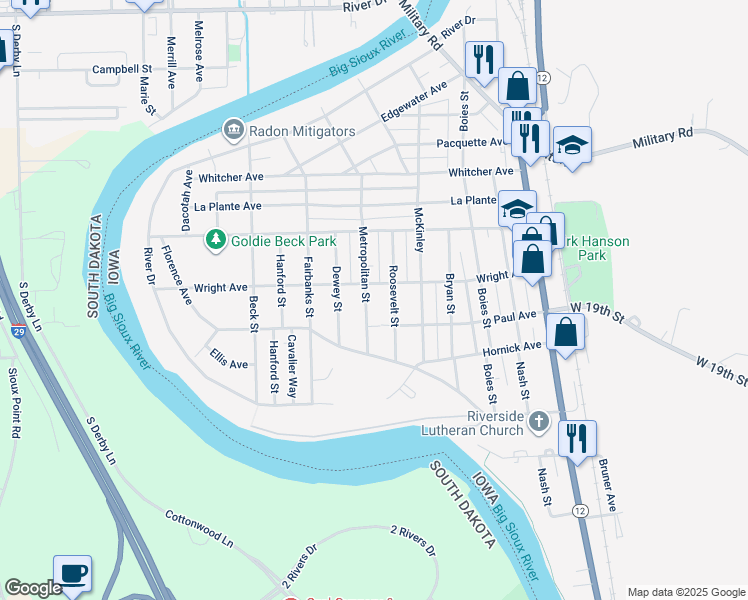 map of restaurants, bars, coffee shops, grocery stores, and more near 1100-1150 Wright Ave in Sioux City