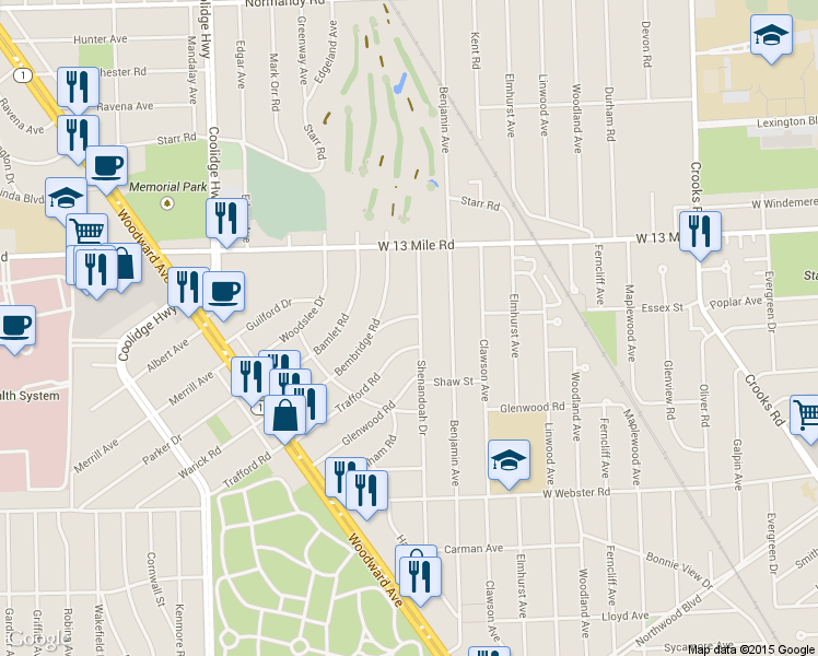 map of restaurants, bars, coffee shops, grocery stores, and more near 2611 Essex Street in Royal Oak