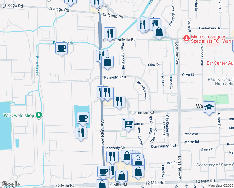 map of restaurants, bars, coffee shops, grocery stores, and more near 30190 Van Dyke Avenue in Warren