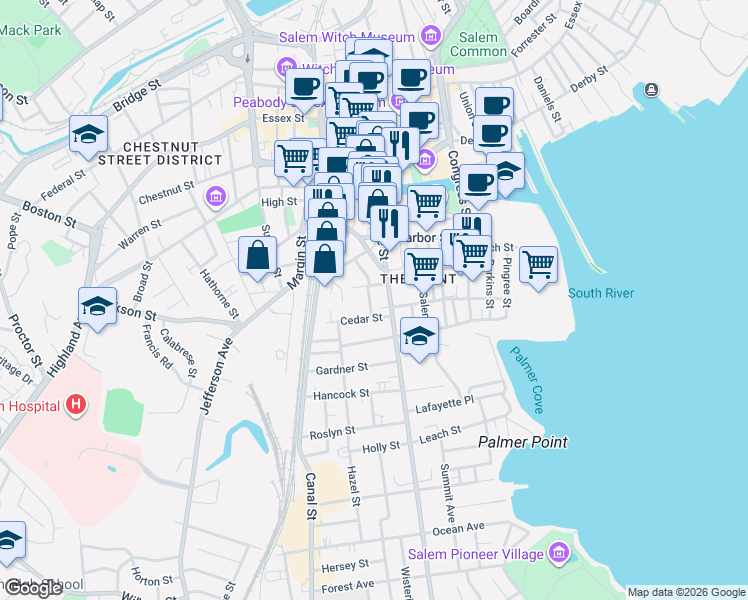 map of restaurants, bars, coffee shops, grocery stores, and more near 154 Lafayette Street in Salem