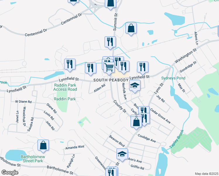 map of restaurants, bars, coffee shops, grocery stores, and more near 5 Johnson Avenue in Peabody