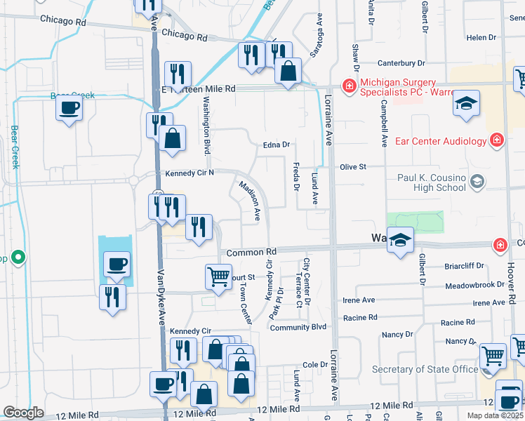 map of restaurants, bars, coffee shops, grocery stores, and more near 8481 Coachlite Manor Condominium in Warren
