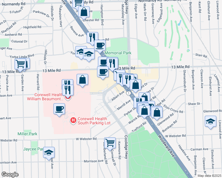 map of restaurants, bars, coffee shops, grocery stores, and more near 3326 Coolidge Highway in Troy