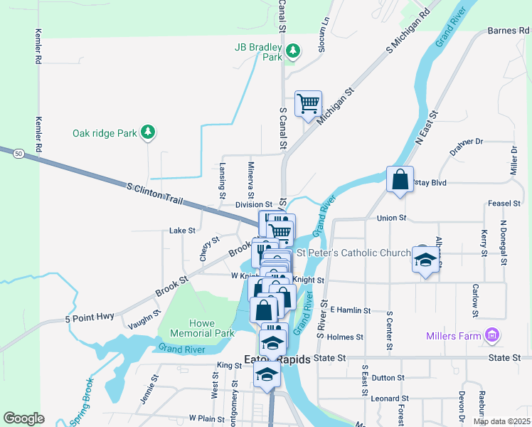 map of restaurants, bars, coffee shops, grocery stores, and more near 411 North Main Street in Eaton Rapids