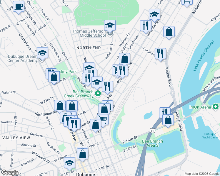 map of restaurants, bars, coffee shops, grocery stores, and more near 626 Lincoln Avenue in Dubuque