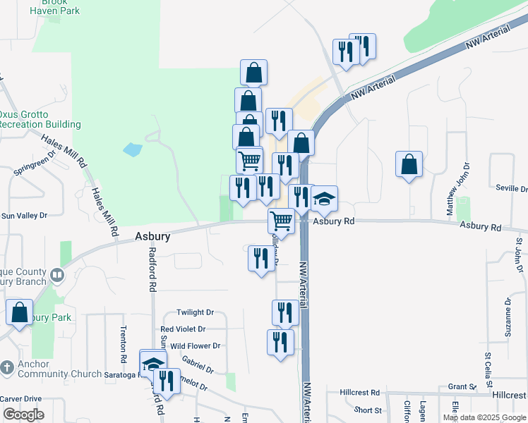 map of restaurants, bars, coffee shops, grocery stores, and more near 4840 Asbury Road in Dubuque
