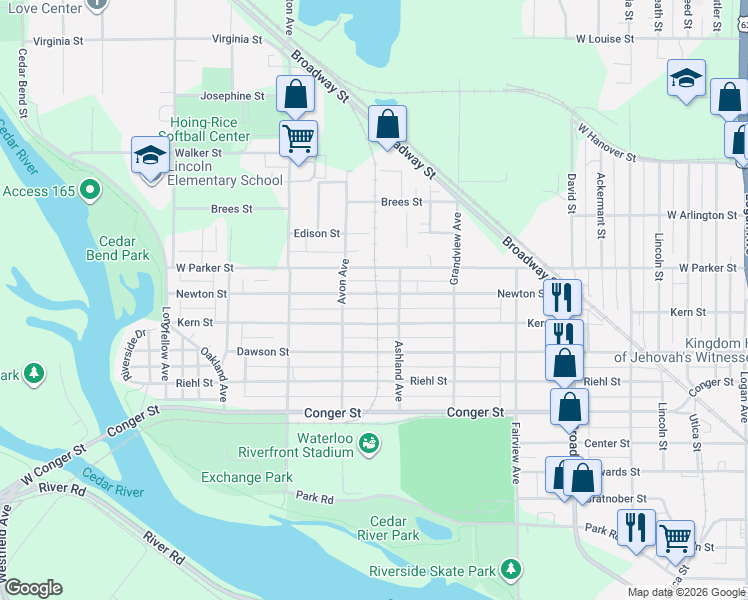 map of restaurants, bars, coffee shops, grocery stores, and more near 818 Newton Street in Waterloo