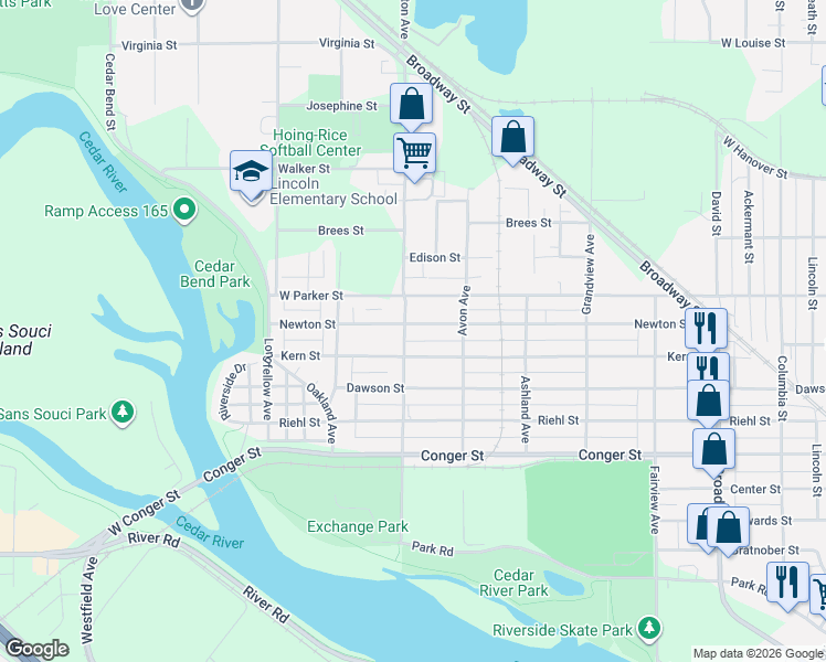 map of restaurants, bars, coffee shops, grocery stores, and more near 942 Newton Street in Waterloo