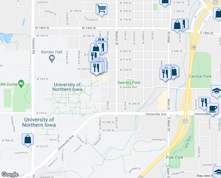 map of restaurants, bars, coffee shops, grocery stores, and more near 2322 Olive Street in Cedar Falls