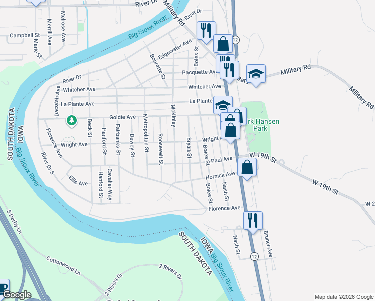map of restaurants, bars, coffee shops, grocery stores, and more near 2122 Bryan Street in Sioux City