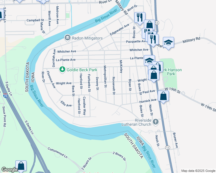 map of restaurants, bars, coffee shops, grocery stores, and more near 1100-1150 Wright Ave in Sioux City