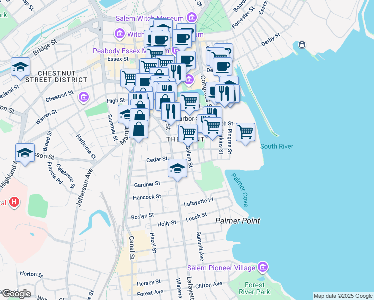 map of restaurants, bars, coffee shops, grocery stores, and more near 23 Palmer Street in Salem