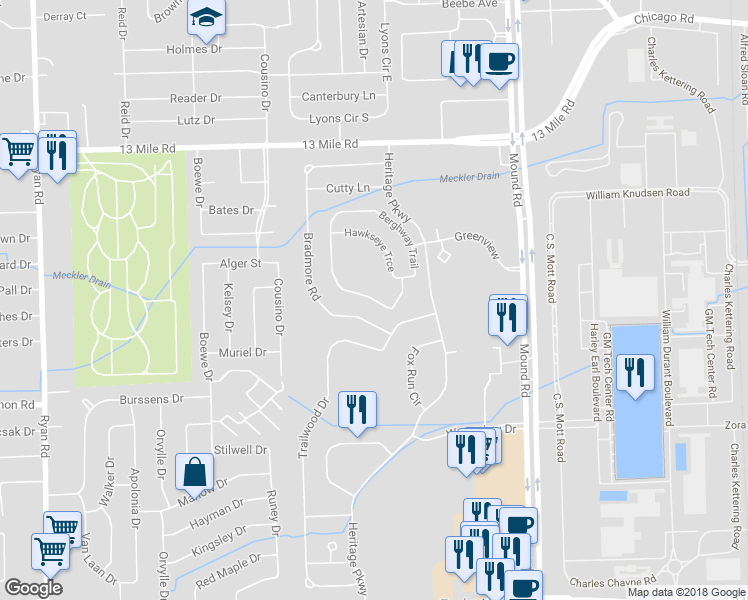 map of restaurants, bars, coffee shops, grocery stores, and more near 30271 Berghway Trail in Warren