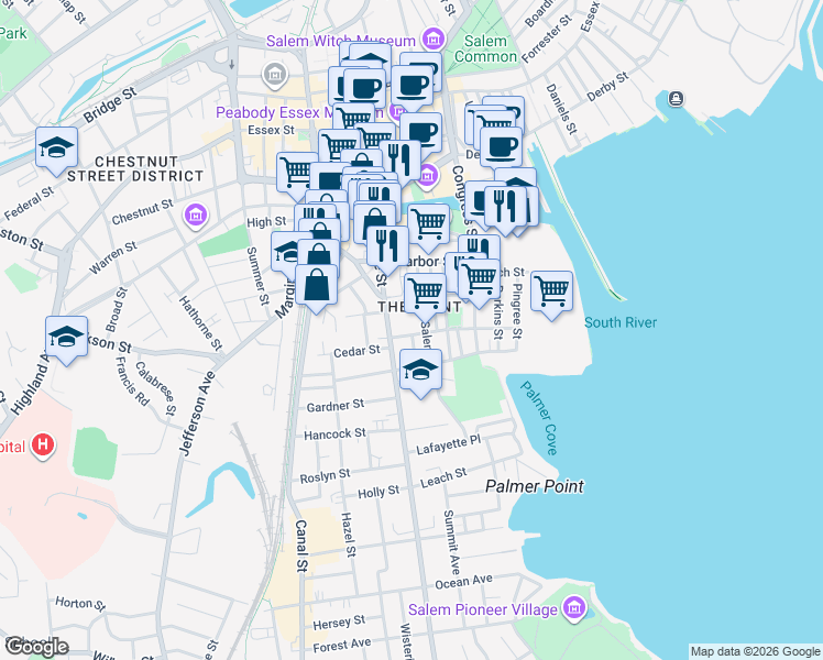 map of restaurants, bars, coffee shops, grocery stores, and more near 38 Salem Street in Salem