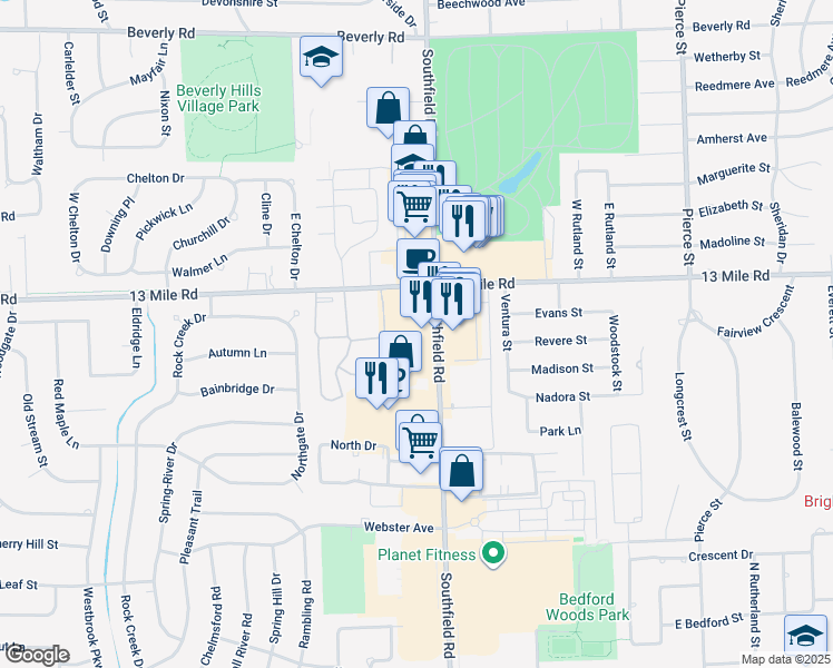 map of restaurants, bars, coffee shops, grocery stores, and more near 30711 Southfield Road in Southfield