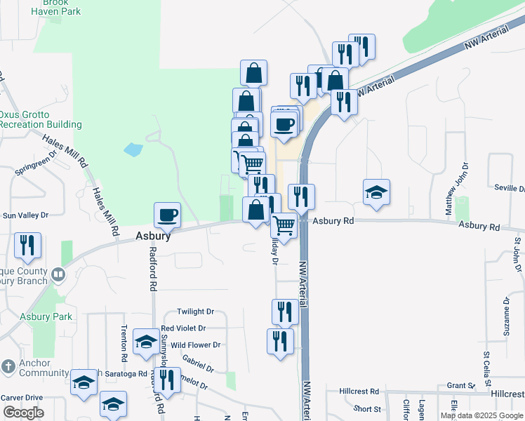 map of restaurants, bars, coffee shops, grocery stores, and more near 4840 Asbury Road in Dubuque