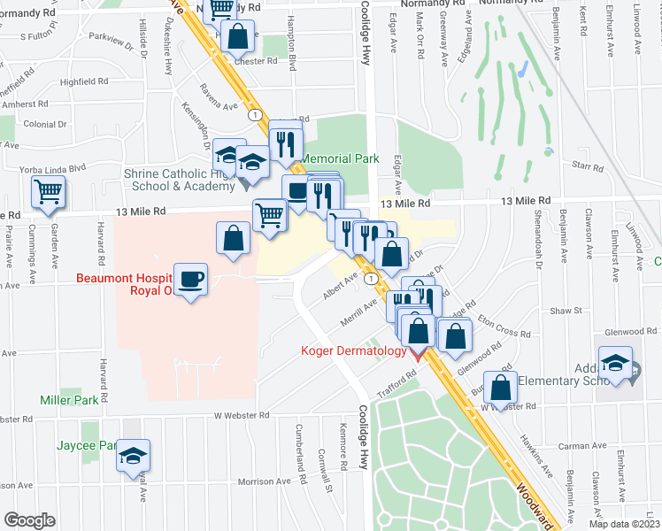 map of restaurants, bars, coffee shops, grocery stores, and more near 3384 Coolidge Highway in Royal Oak