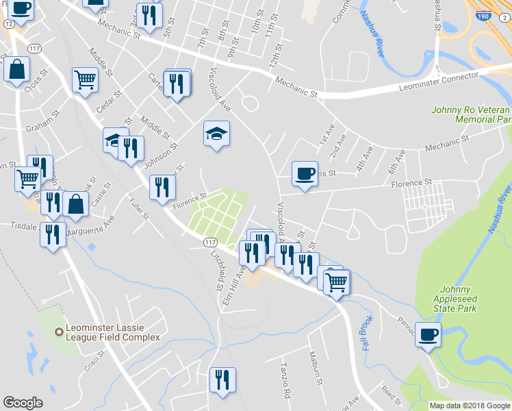 map of restaurants, bars, coffee shops, grocery stores, and more near 101 Dudley Street in Leominster