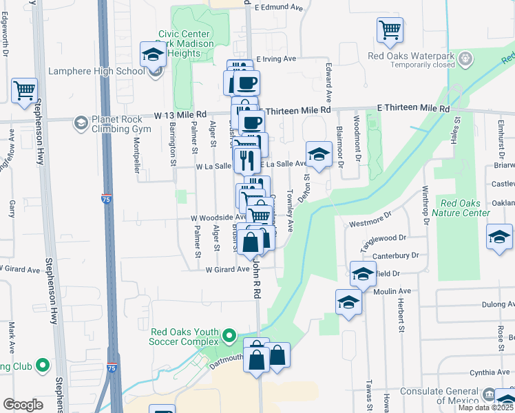 map of restaurants, bars, coffee shops, grocery stores, and more near 30456 John R Road in Madison Heights