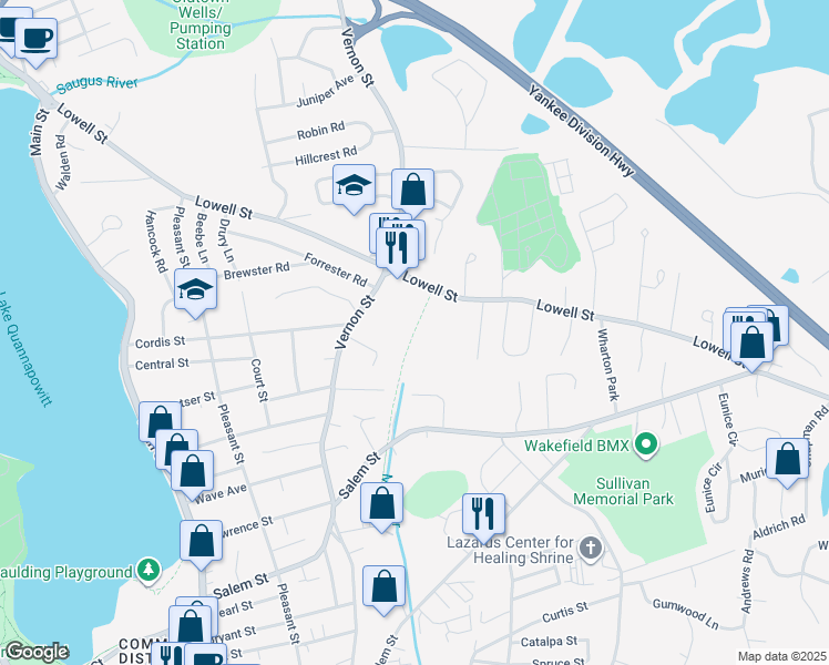 map of restaurants, bars, coffee shops, grocery stores, and more near 115 Lowell Street in Wakefield