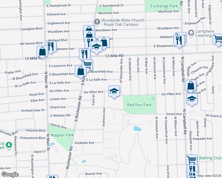 map of restaurants, bars, coffee shops, grocery stores, and more near 623 De Villen Avenue in Royal Oak