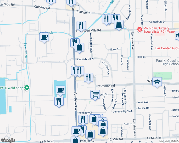 map of restaurants, bars, coffee shops, grocery stores, and more near 30190 Van Dyke Avenue in Warren