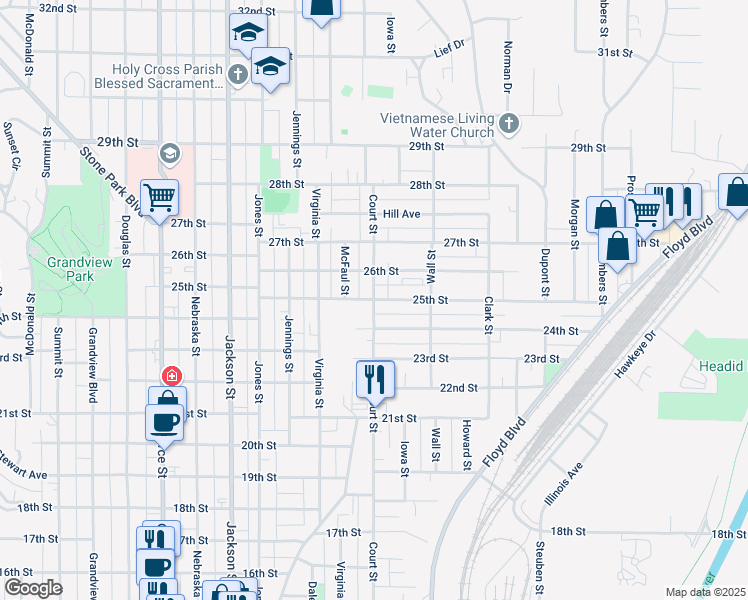 map of restaurants, bars, coffee shops, grocery stores, and more near 1101 25th Street in Sioux City