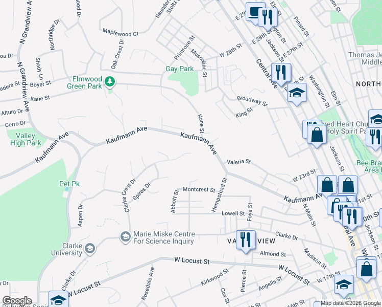 map of restaurants, bars, coffee shops, grocery stores, and more near 2599 Clarke Crest Drive in Dubuque
