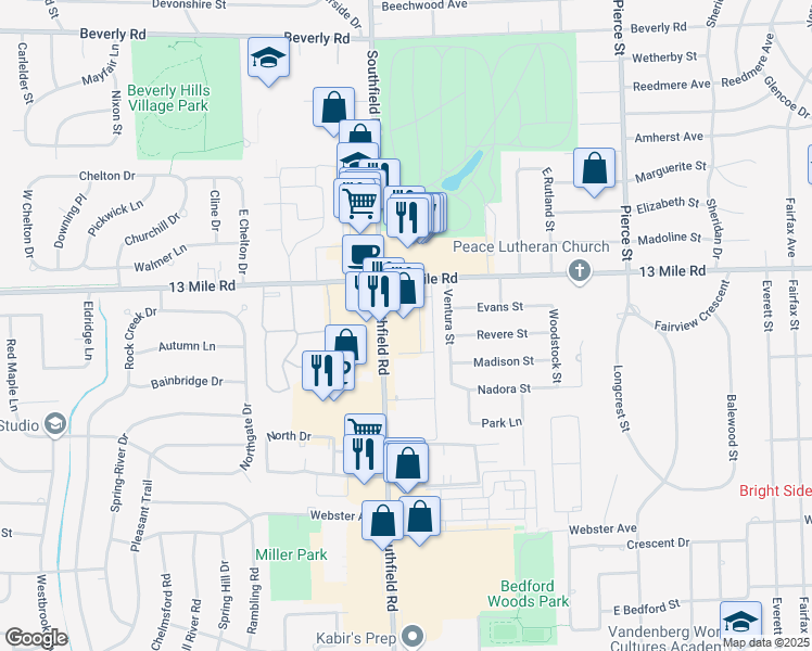map of restaurants, bars, coffee shops, grocery stores, and more near 30760 Southfield Rd in Southfield