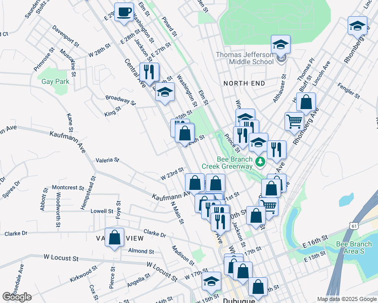 map of restaurants, bars, coffee shops, grocery stores, and more near 2345 White St in Dubuque