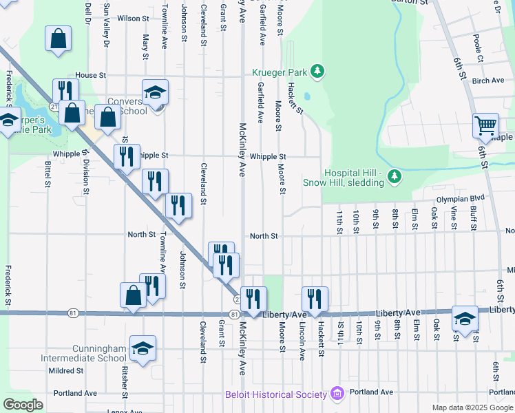 map of restaurants, bars, coffee shops, grocery stores, and more near 1353 Garfield Avenue in Beloit