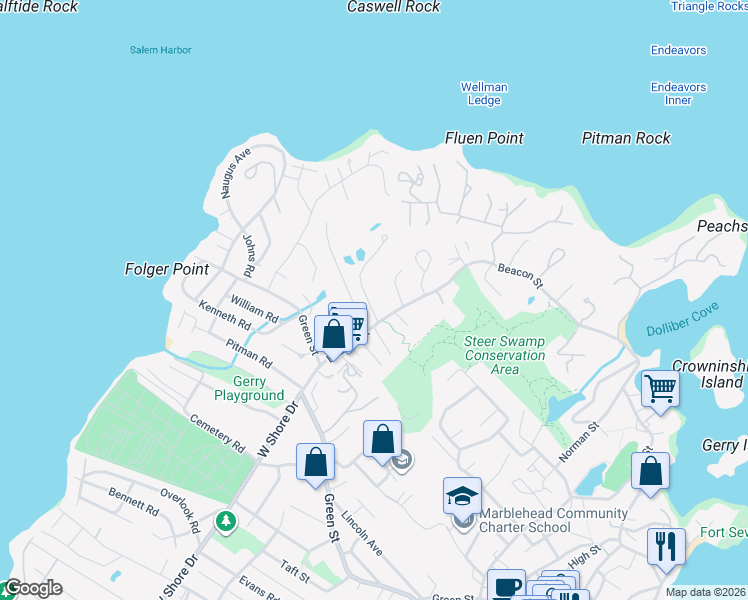 map of restaurants, bars, coffee shops, grocery stores, and more near 5 Whittier Road in Marblehead