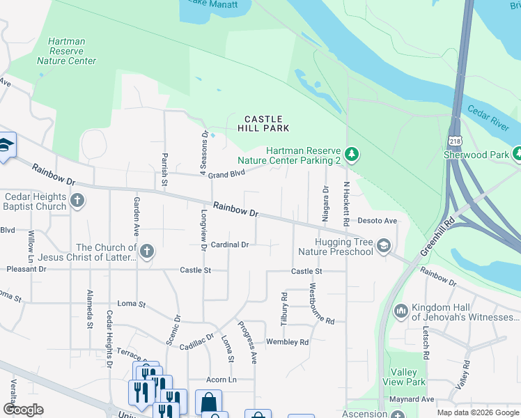 map of restaurants, bars, coffee shops, grocery stores, and more near 2030 Rainbow Drive in Waterloo