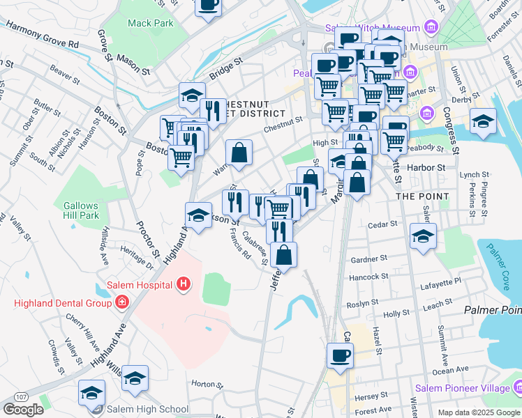 map of restaurants, bars, coffee shops, grocery stores, and more near 21 Phelps Street in Salem