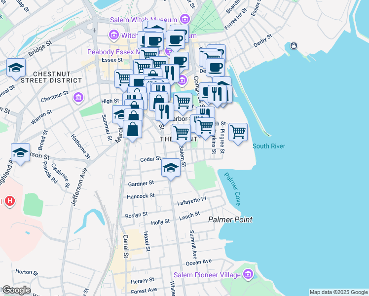 map of restaurants, bars, coffee shops, grocery stores, and more near 38 Salem Street in Salem