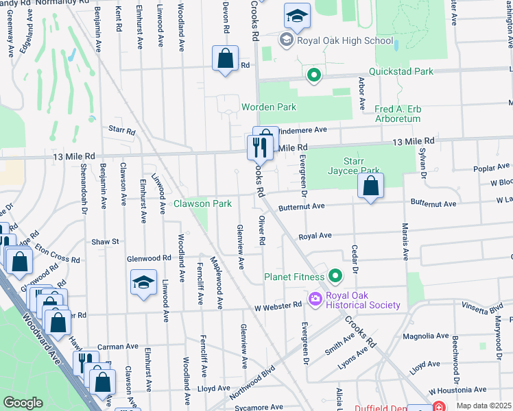 map of restaurants, bars, coffee shops, grocery stores, and more near 3020 Crooks Road in Royal Oak