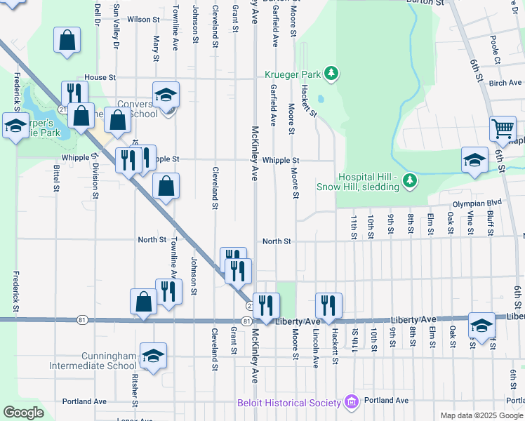 map of restaurants, bars, coffee shops, grocery stores, and more near 1352 McKinley Avenue in Beloit