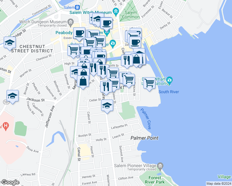 map of restaurants, bars, coffee shops, grocery stores, and more near 44 Park Street in Salem