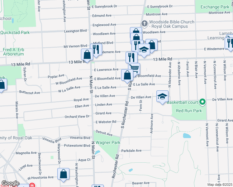 map of restaurants, bars, coffee shops, grocery stores, and more near 241 De Villen Avenue in Royal Oak