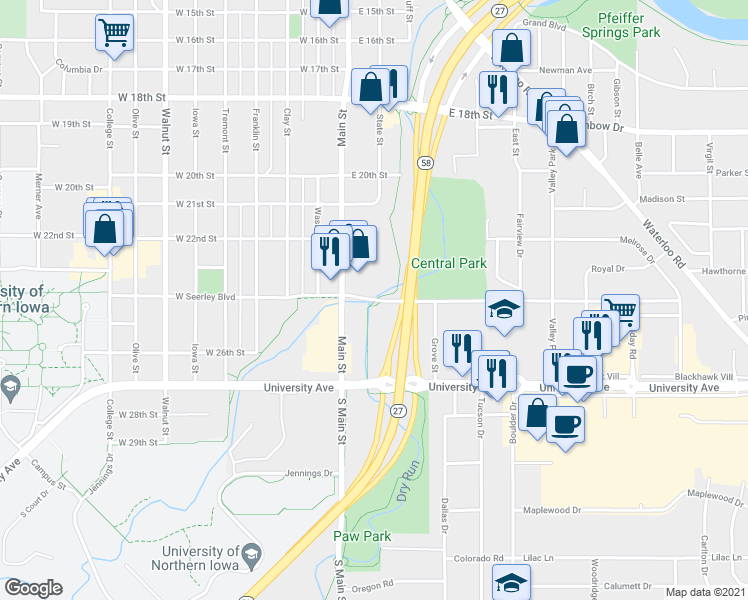 map of restaurants, bars, coffee shops, grocery stores, and more near 112 East Seerley Boulevard in Cedar Falls