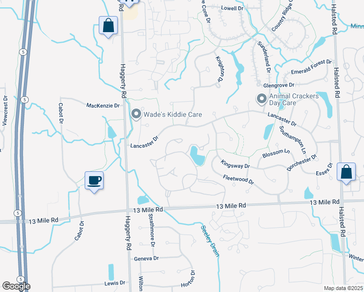 map of restaurants, bars, coffee shops, grocery stores, and more near 29930 Meridian Place in Farmington Hills