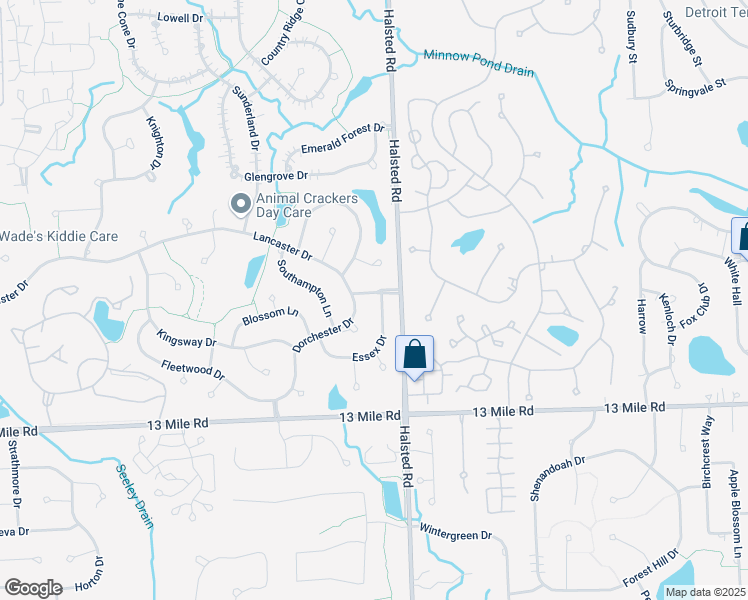 map of restaurants, bars, coffee shops, grocery stores, and more near 30551 Essex Drive in Farmington Hills