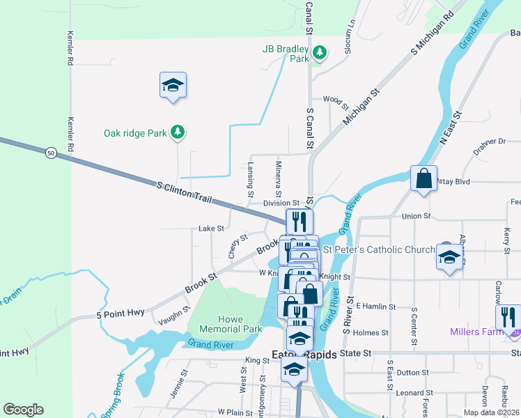 map of restaurants, bars, coffee shops, grocery stores, and more near 405 Division Street in Eaton Rapids