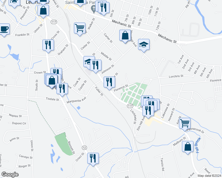 map of restaurants, bars, coffee shops, grocery stores, and more near 298 Lancaster Street in Leominster