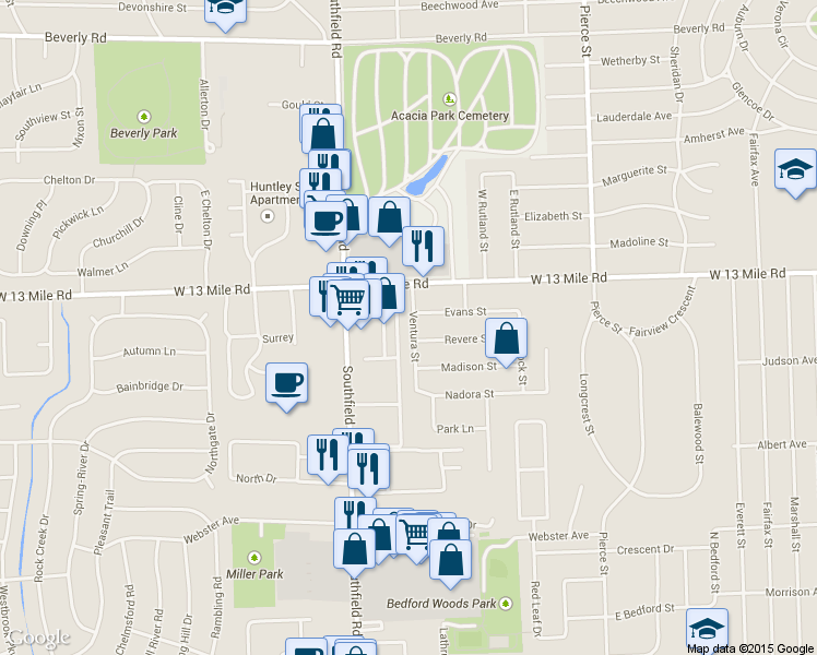 map of restaurants, bars, coffee shops, grocery stores, and more near 30791 Ventura Street in Southfield