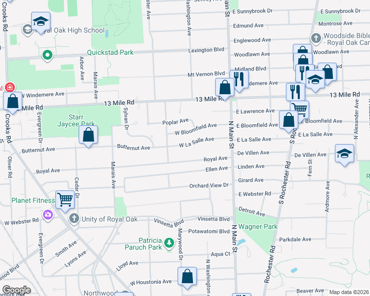 map of restaurants, bars, coffee shops, grocery stores, and more near 413 West La Salle Avenue in Royal Oak
