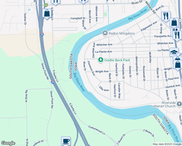 map of restaurants, bars, coffee shops, grocery stores, and more near 1800 Wright Avenue in Sioux City