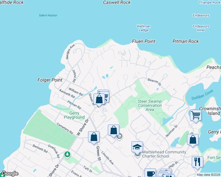 map of restaurants, bars, coffee shops, grocery stores, and more near 5 Whittier Road in Marblehead